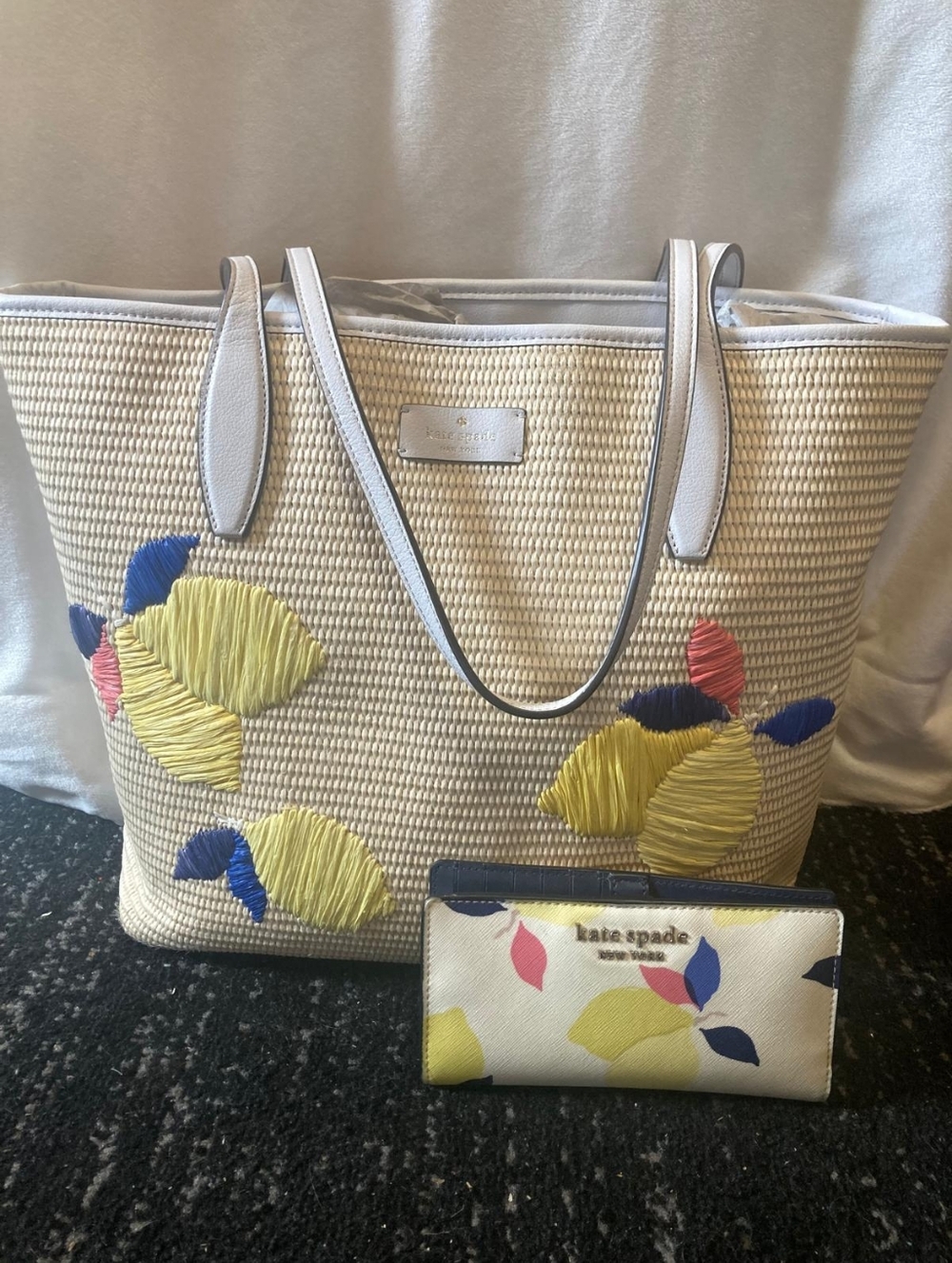 Kate Spade New York Ash Straw Large Tote + Cameron Wallet EUC Lemon Zest Purse